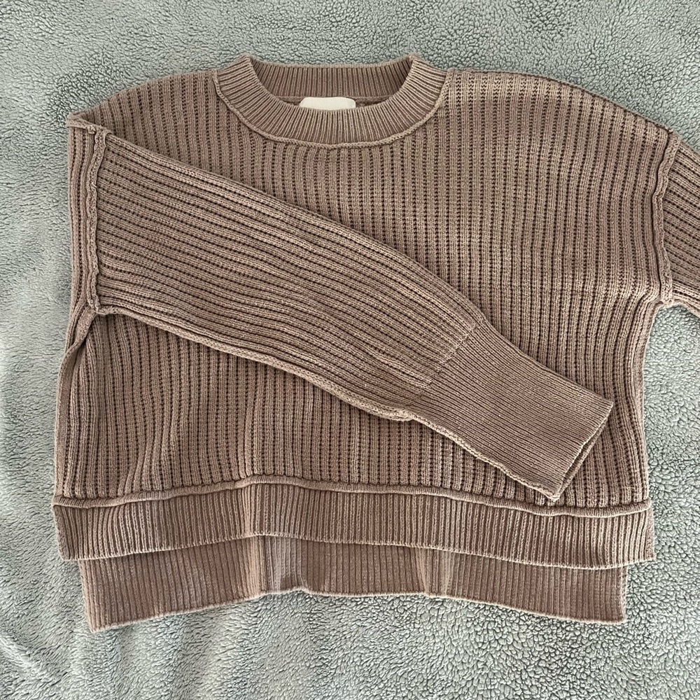 Brown Crew Neck Ribbed Sweater with Textured Design